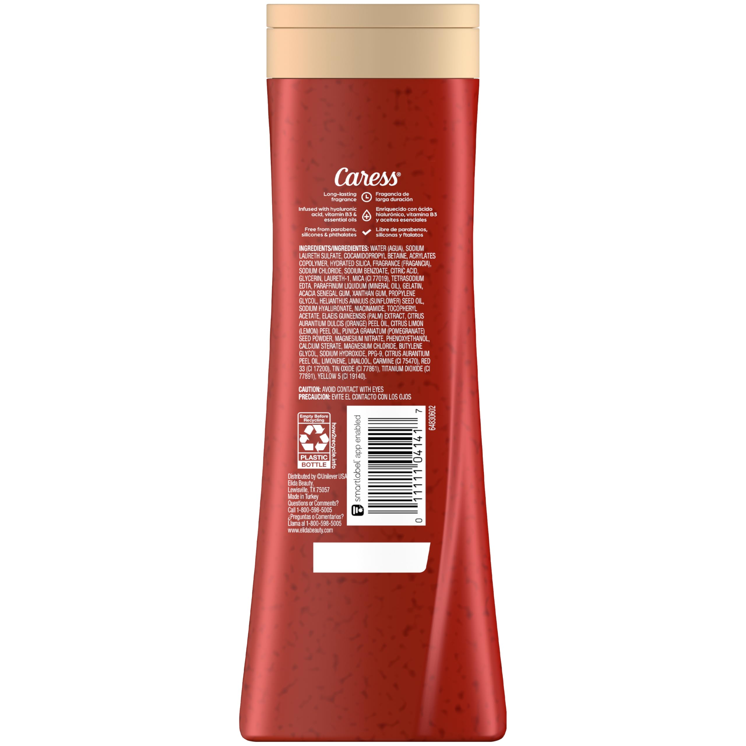 Caress Body Wash for Women, Tahitian Pomegranate & Coconut Milk, Exfoliating Shower Gel for Renewed, Glowing Skin, 20 fl oz, 4 Pack
