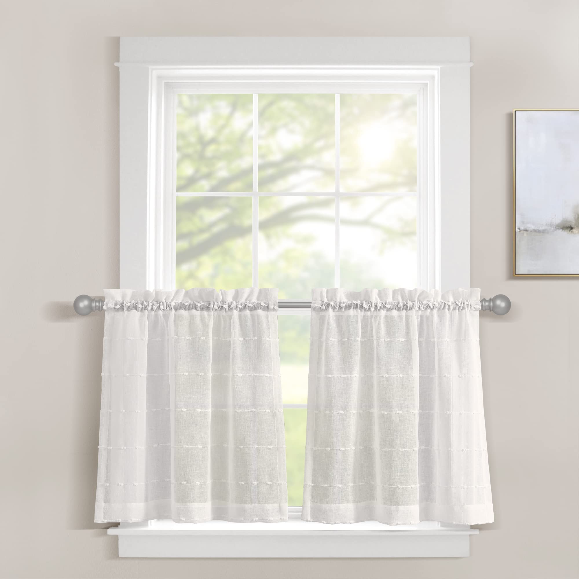 Lush Decor Farmhouse Textured Sheer Kitchen Window Curtain Tiers Set, 29" W x 36" L, White