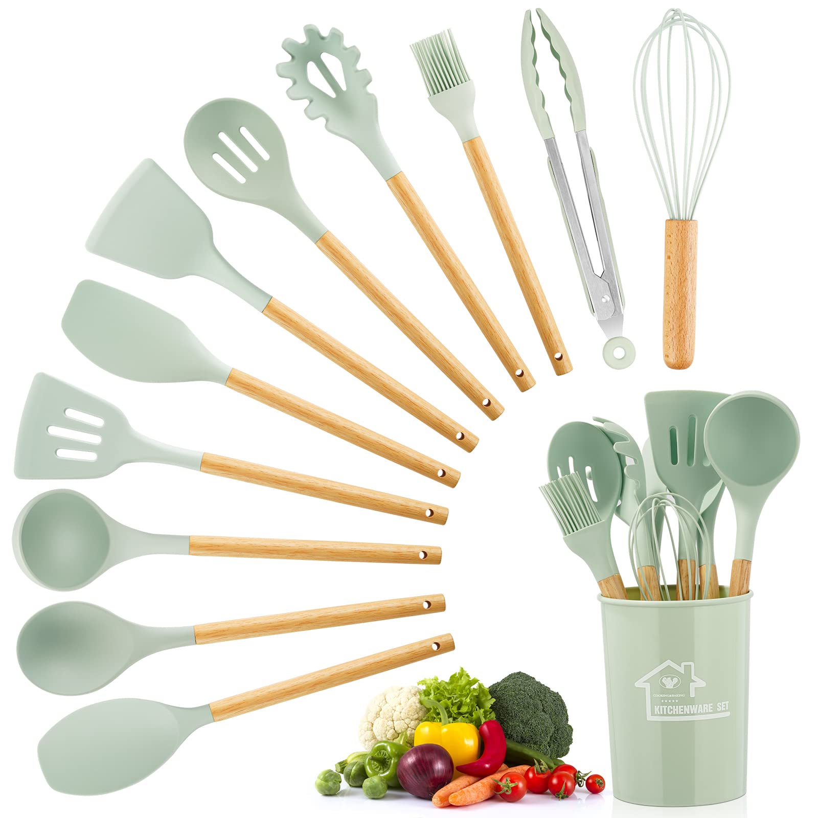 Kitchen Utensils Set, 12 Pcs Silicone Cooking Utensils with Holder, Non-Stick Cooking Tools with Wooden Handle, Silicone Kitchen Gadgets Cooking Spatula Turner Heat Resistant Tools