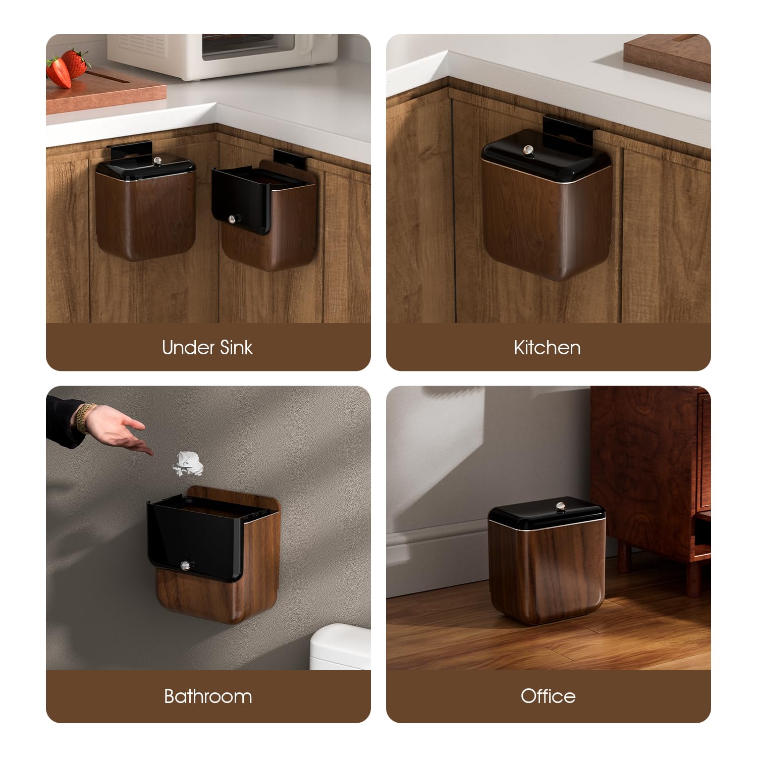 ZNYOPA Vintage Kitchen Trash Can with Lid, Large 3.2 Gallon/12 Liter Capacity, Hanging Compost Bin, for Under Sink or Cupboard, Bathroom, Bedroom, Walnut Color