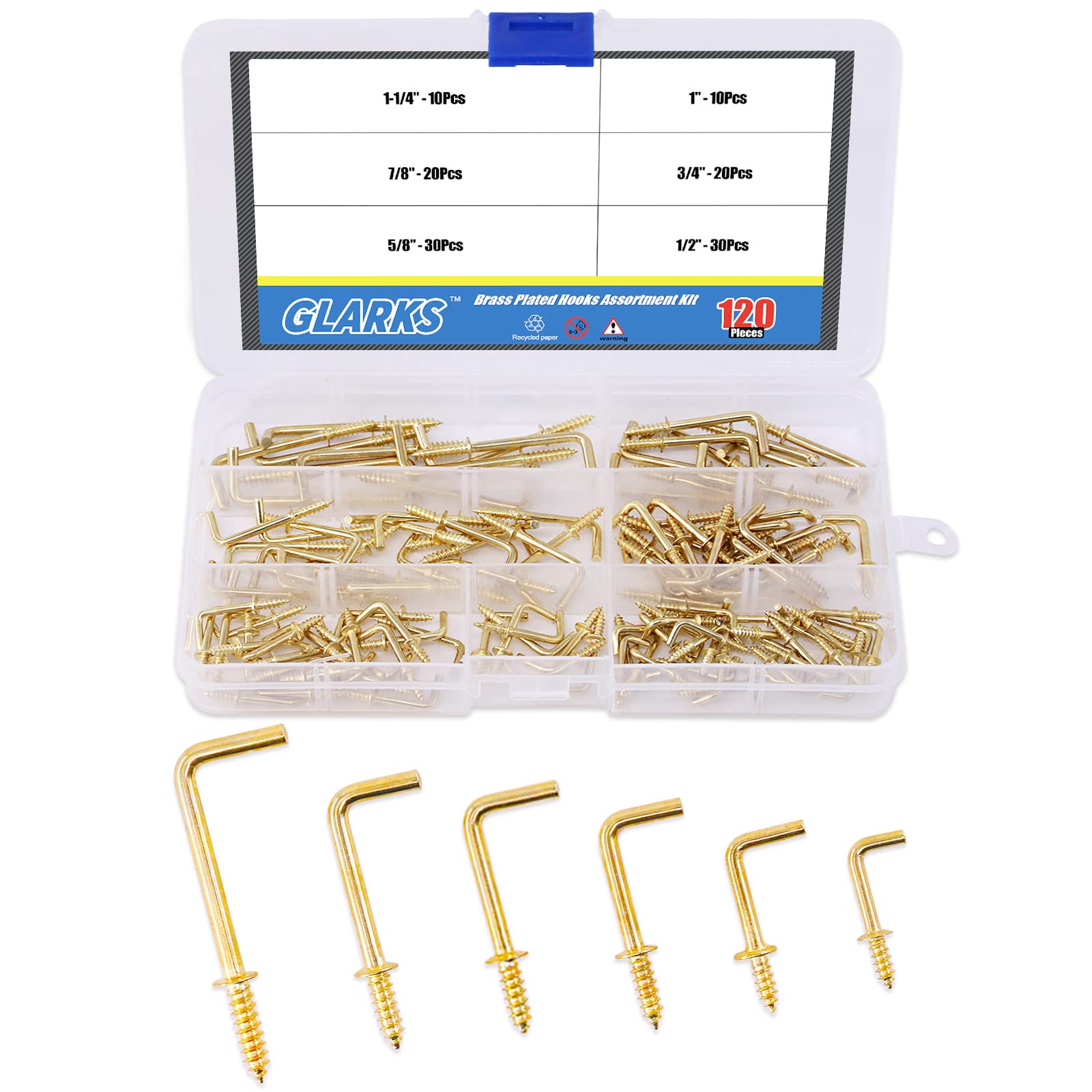 GLARKS GLLAFG-3 120-Pieces 6 Size Brass Plated Square Hooks Lag Thread Handy Hanging Hooks Assortment Set