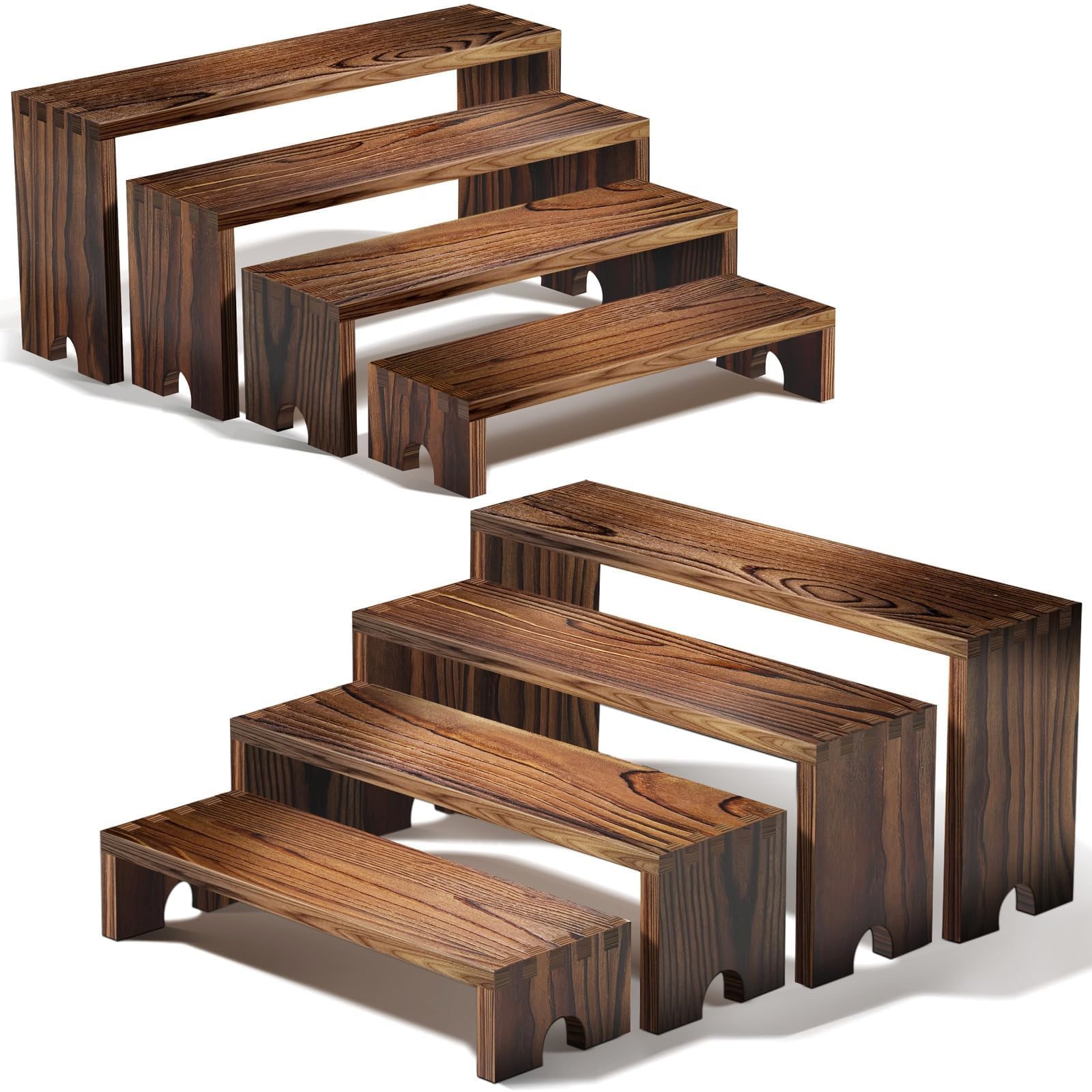Photo 1 of Large 2 Set wood tone Wooden Tiered Display Stands 4 Tier Stackable Pine Wood Display Risers, Suitable for Vendor Events, Cupcake Stands, cake stand Wooden Dessert Table Sets, Vendor Booth Displays,Cosmetic & Perfume Display Tools, Kitchen Spice Storage,