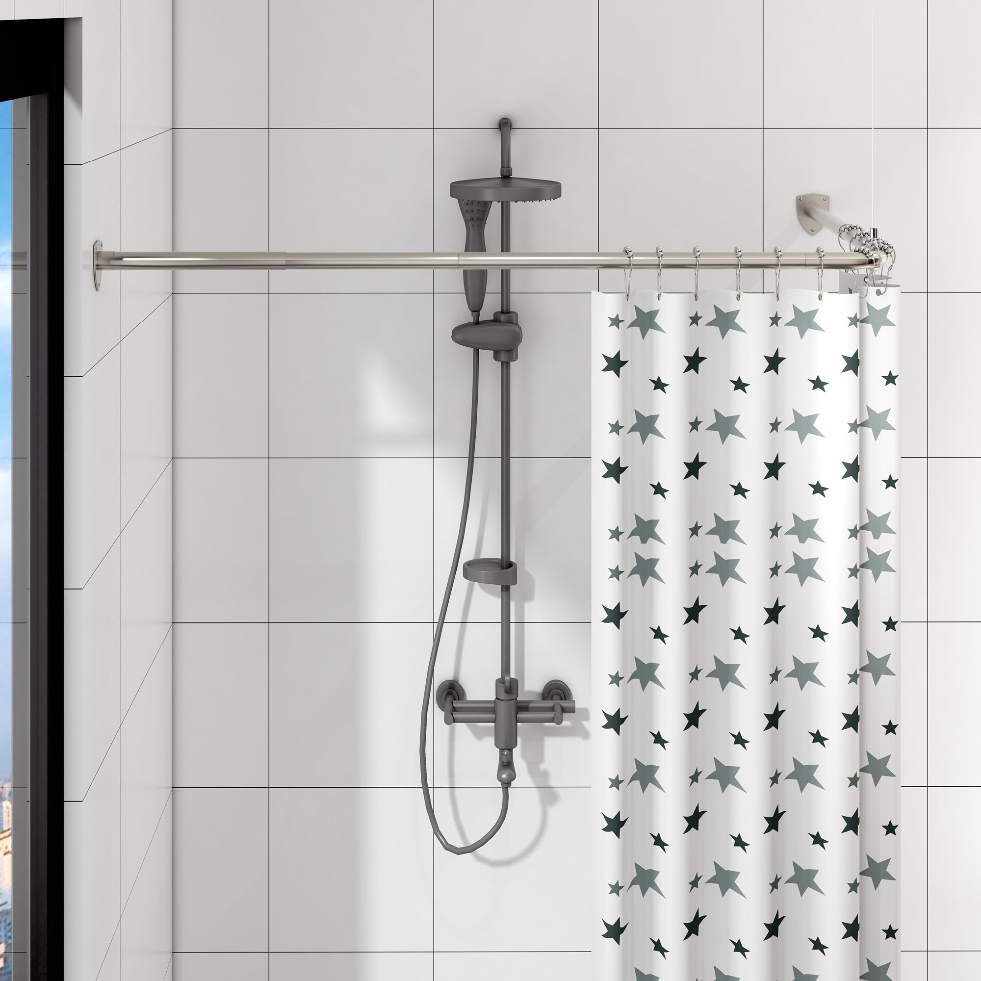 Photo 1 of Corner Shower Curtain Rod, Curved Shower Curtain Rod, Adjustable L Shaped Shower Rod for Bathroom, Clothing Store, Stainless Steel with 12 Ring Hooks & Ceiling Support (Silver, 24"-53" x 24"-53")