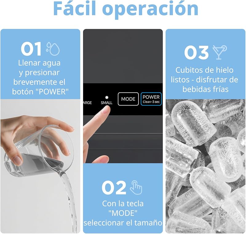 ' Máquina de Hielo, 8 Cubitos en 6 Minutos (12kg/24h), 2 Tamaños