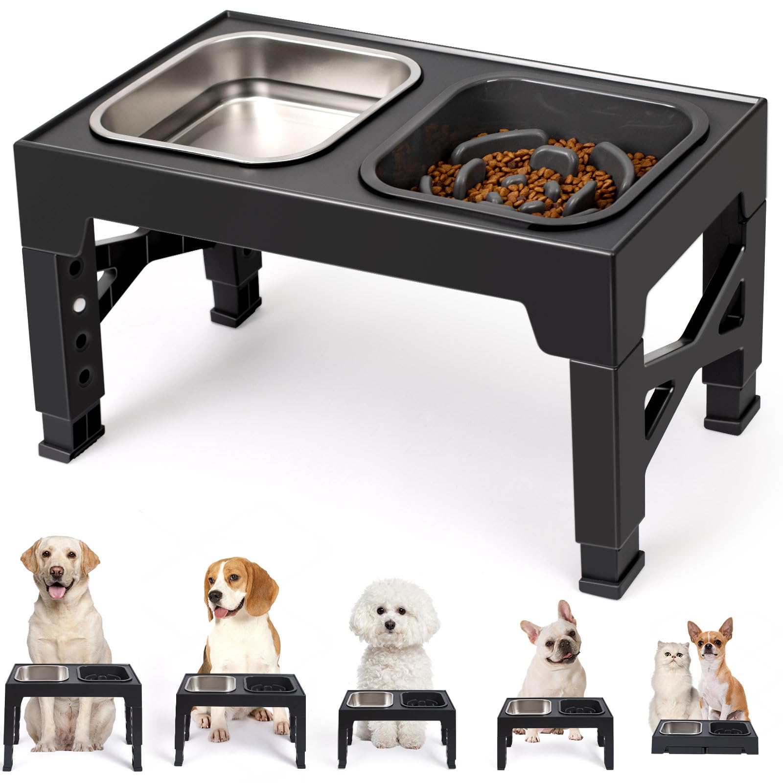 Photo 1 of Niubya Elevated Dog Bowls, with Slow Feeder Bowl and Stainless Steel Dog Food Bowl, Raised Dog Bowls Adjusts to 5 Heights (3.15", 8.66", 9.84",11.02", 12.2") for Small Medium and Large Dogs