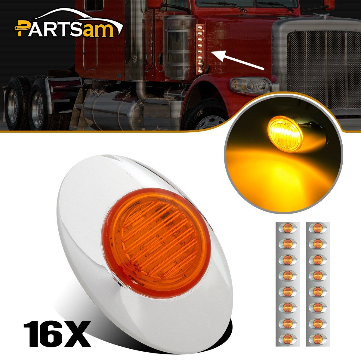 Partsam 16Pcs Mini 3 x 2 Oval Led Marker Lights 3LED w Bullet Plugs