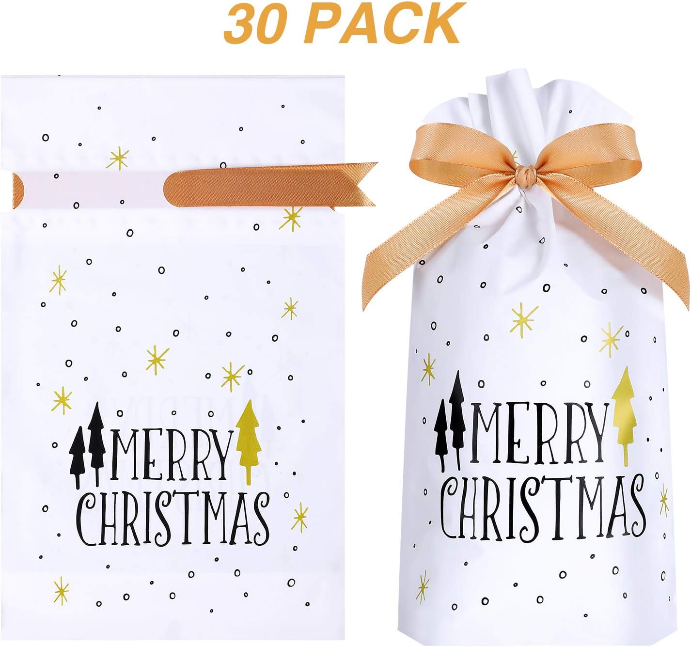 Frienda 30 Pack Treat Bags with Drawstring Merry Christmas Tree Print Plastic Candy Bags Drawstring Cookie Sack for Christmas Wedding Party Birthday Engagement Holiday Favor - Image 3