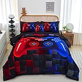 PERFEMET 6 Pieces Gaming Bedding Sets Full Size Red and Blue Gamer Comforter Set for Boys Girls Soft Fluffy 3D Cool Video Game Kids Bed in A Bag for All Seasons(Red Blue, Full)