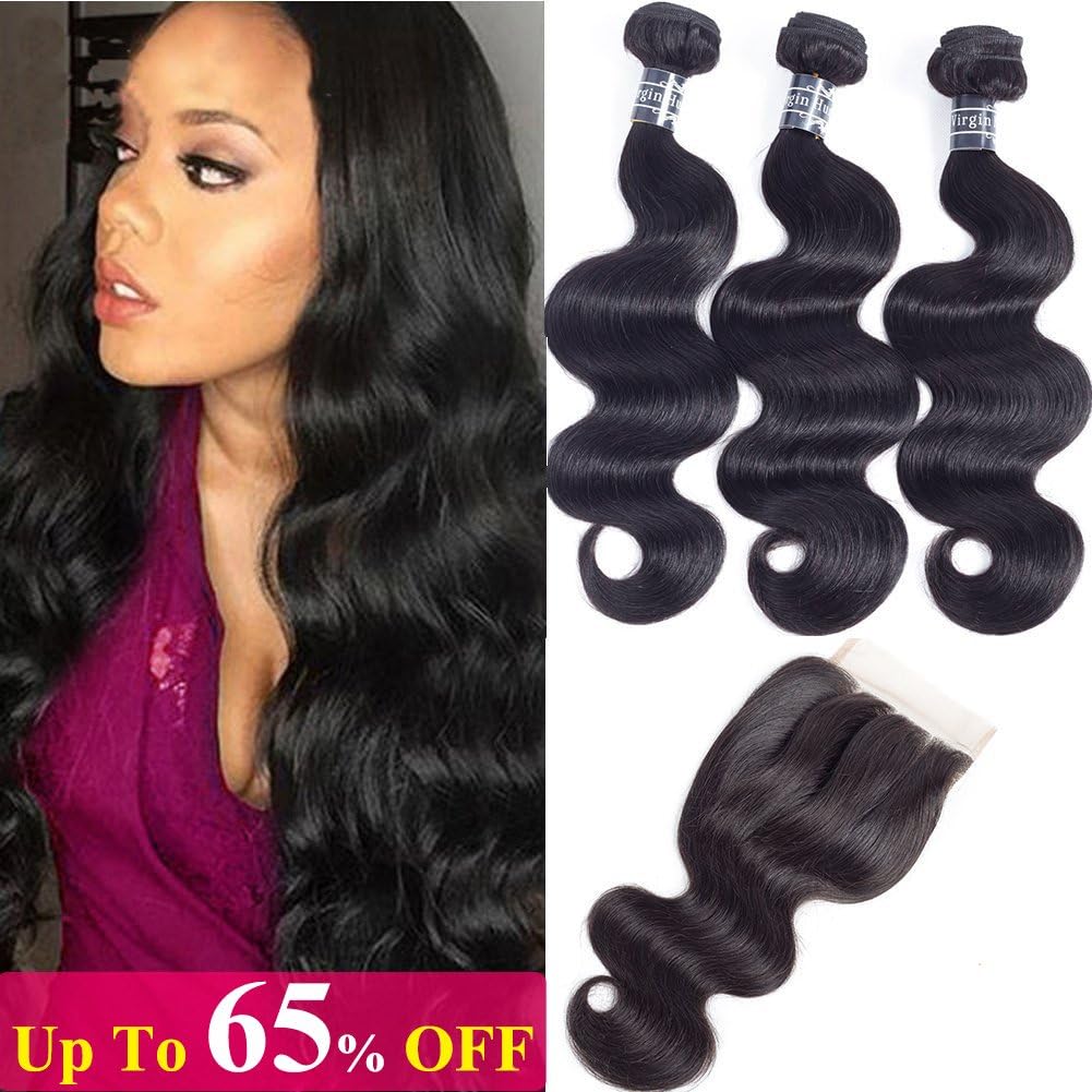 Amella Hair 8A Unprocessed Brazilian Body Wave Bundles with Closure (16 18 20 +16Closure,Natural Black) Virgin Brazilian Hair Bundles Weave with Lace Closure Three Part