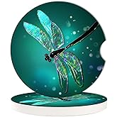 BAMOWEY Dragonfly Car Cup Holder Coasters,2 Pack Universal Fantasy Green Dragonfly Car Ceramic Coaster,Cork Base with A Finger Notch for Most Car Interior