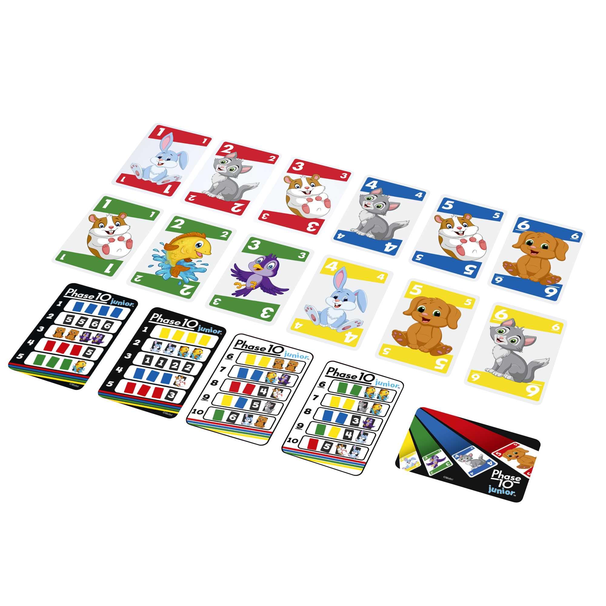 Mattel Phase 10 Junior - Rommé-artiges Spiel mit Mehreren Spielebenen, 56 Karten mit Tierbildern, für 2 bis 4 Spieler, für Kinder ab 4 Jahren, GXX06 5