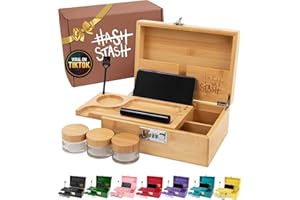 HASHSTASH The OG Storage Box - Large Bamboo Box with Combination Lock, Magnetic Lid, Organizer Tray, Airtight Tube and 3 Smell-Proof Jars - Discreet Decorative Locking Wooden Box with Accessories (Wood/Silver)