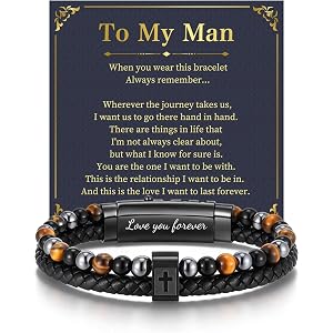 Anniversary Birthday Gifts for Men Cross Bracelet for Him Husband Son-Triple Protection Healing Hematite Black Obsidian Tiger