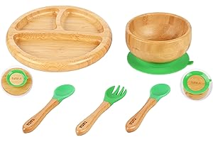 TATA AMG ® Bamboo Baby Plate and Bowl Set with Spoons and Fork for Babies | Bamboo Toddler Plates | Bamboo Suction Plate and Bowl Set for Babies | Baby Led Weaning Feeding Set - BPA Free