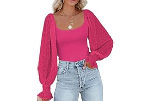 Zeagoo Women's Square Neck Puff Long Sleeve Bodysuit Off Shoulder Leotard Sheer Polka Dot Sleeve Top