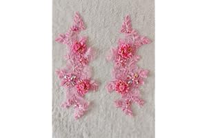 Zbroh Fine Lace Fabric Patches Embroidered Rhinestones Trim Applique Decor Dress Decoration sew on Sequins Beads Accessory one Pair (Pink)