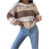 Verdusa Women's Chunky Knit Sweaters Color Block Long Sleeve Crew Neck Casual Pullover Jumper