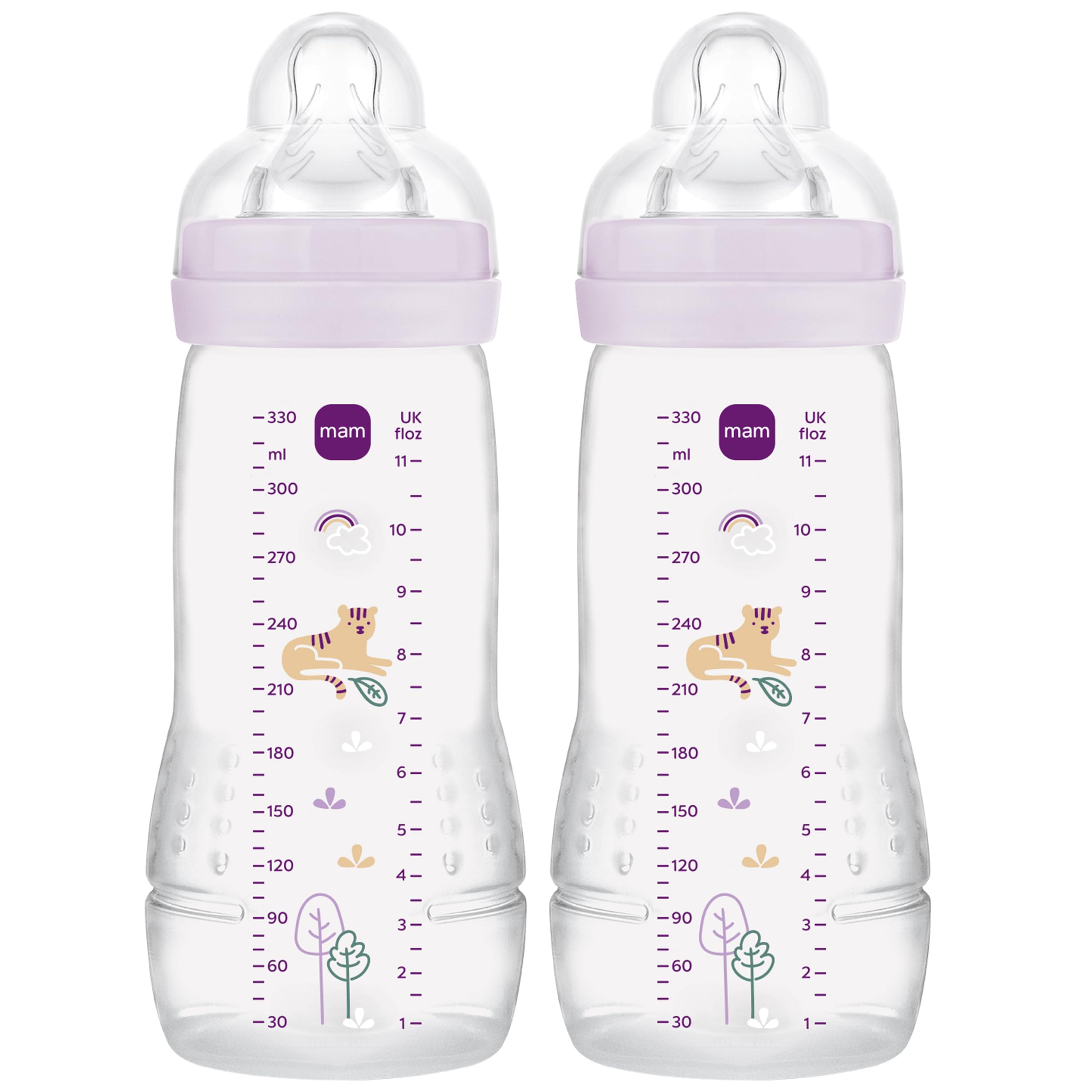 MAM Easy Active Bottles | 2 Pack (2 x 330ml) | Fast Flow MAM Teats Size 3 | Baby Accessories | Iris (Various Designs)
