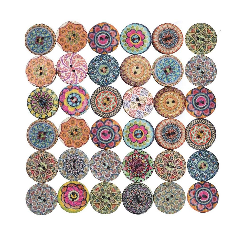 QincLing 100 PCS Wooden Buttons for Crafts, Wood Buttons 1 Inch Assorted Vintage Round Wooden Flower Buttons Decorative Buttons with 2 Holes for DIY Sewing Crafts Knitting Baby Clothes