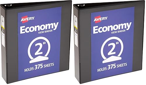 Avery Economy View 3 Ring Binder, 2" Round Rings, 1 Black Binder (05781) (Pack of 2)