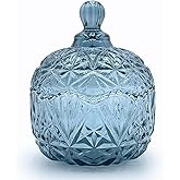 EWEIGEER Colorful Crystal Glass Candy Snack Barrel Storage Jar Embossed Luxury Cookie Buffet Canister With Lids Jewelry Box Jar Biscuit Containers(Blue Grey)