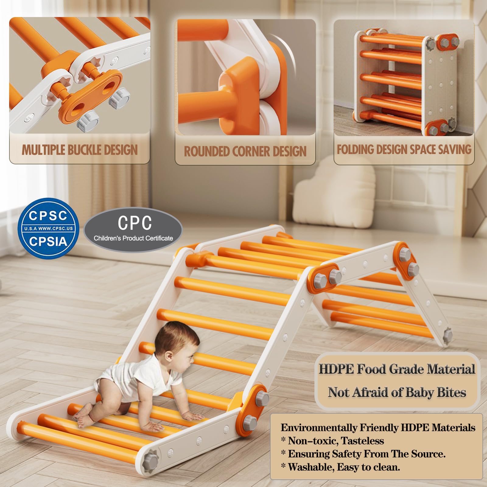 Toddler Climbing Toys,Kids Pikler Triangle Set,Montessori Indoor Play Gym,Multifunction Foldable Indoor Climbing Gym for Kids(Orange)