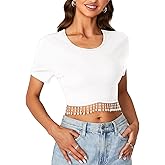 LYANER Women's Round Neck Short Sleeve Tassel Trim Hem Rib Crop Top Blouse