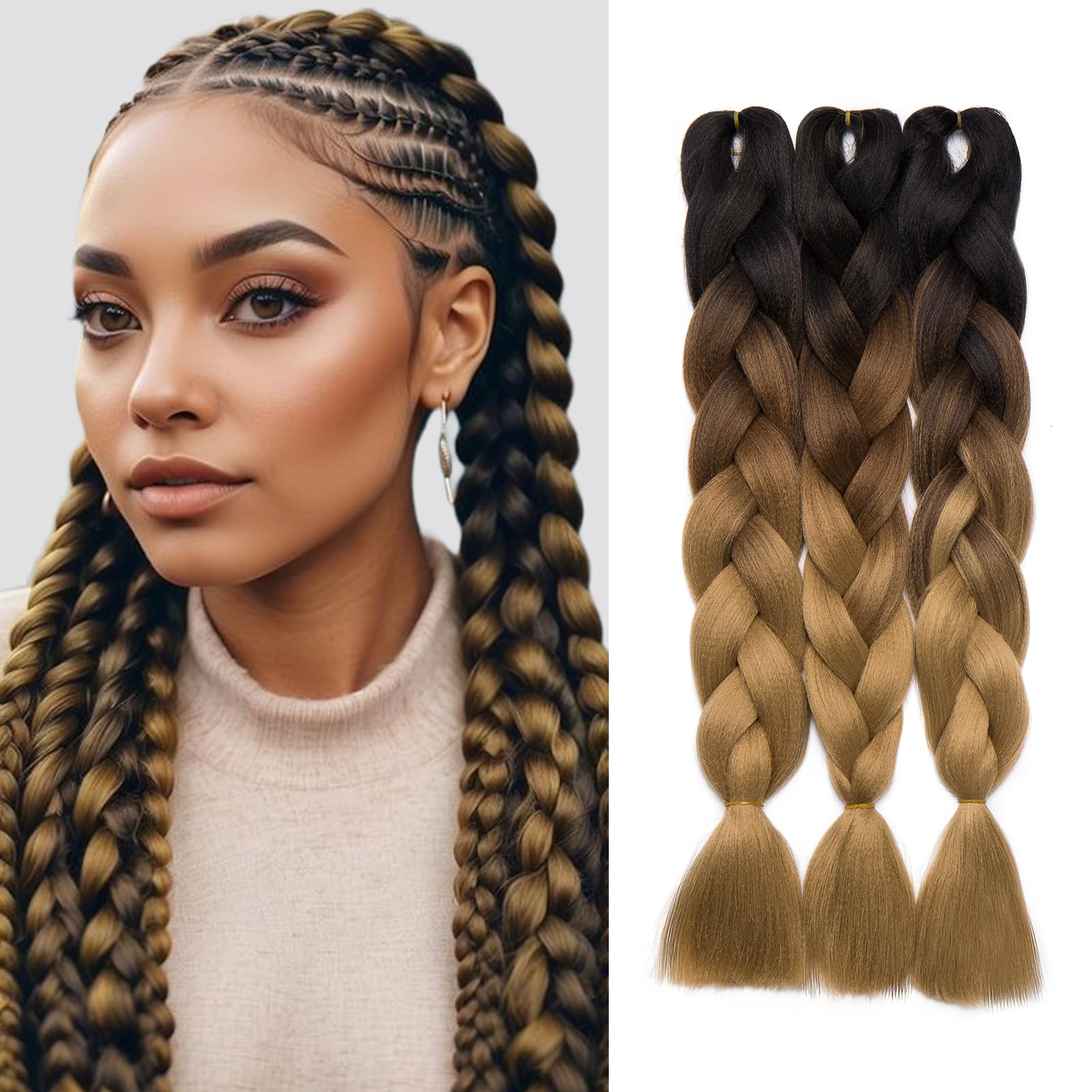 Ombre Braiding Hair Brown 24inch Synthetic Braids Hair Extension Afro Jumbo Braids 3Pcs[300g-3 Tone Brown] — image 1