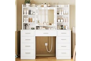 TEENFON 9 Drawers Vanity Desk with Large Mirror and Lights, Makeup Vanity with Power Outlet & 9 Open Storage Shelves, 3 Light