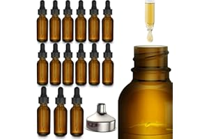 Nylea 15 Pack Essential Oil Bottles - Round Boston Empty Refillable Amber Bottle with Glass Dropper [ Free Stainless Steel Funnel ] for Liquid Aromatherapy Fragrance Lot - (1 oz) 30ml