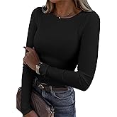 Roselux Womens Long Sleeve Stretch Crewneck Ribbed T-Shirt Fitted Casual Basic Tops