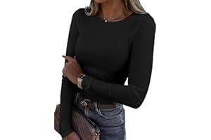 Roselux Womens Long Sleeve Stretch Crewneck Ribbed T-Shirt Fitted Casual Basic Tops
