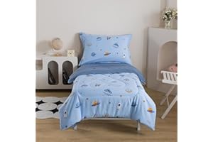 Caressma Toddler Bedding Set for Kids - Lovely Spaceship Print 4 Pieces Blue Comforter Sets, Bed in a Bag Include Comforter, Fitted Sheet, Flat Sheet & Pillowcase