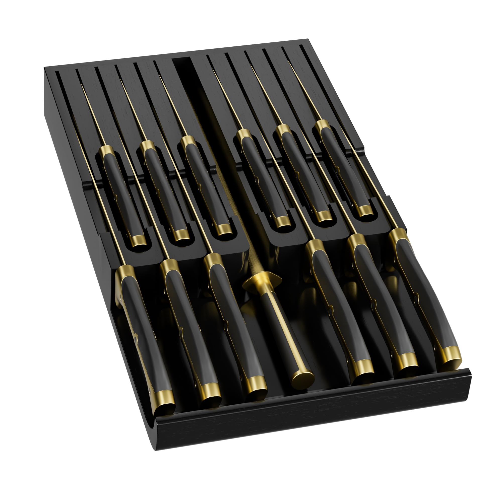 Photo 1 of Domax Bamboo In-drawer Knife Block - Knife Drawer Organizer Insert Large Handle Steak Knife Holder, Kitchen Drawer Knife Organizer Fits for 12 knives and 1 Sharpening Steel (Not Included), Black