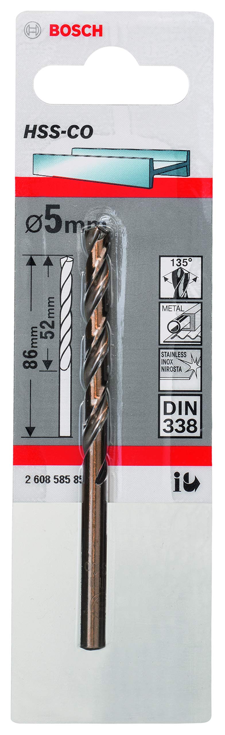 BOSCH 2608585851 Round Shaft Metal Drill Bit HSS-Co 5 x 52 x 86 mm