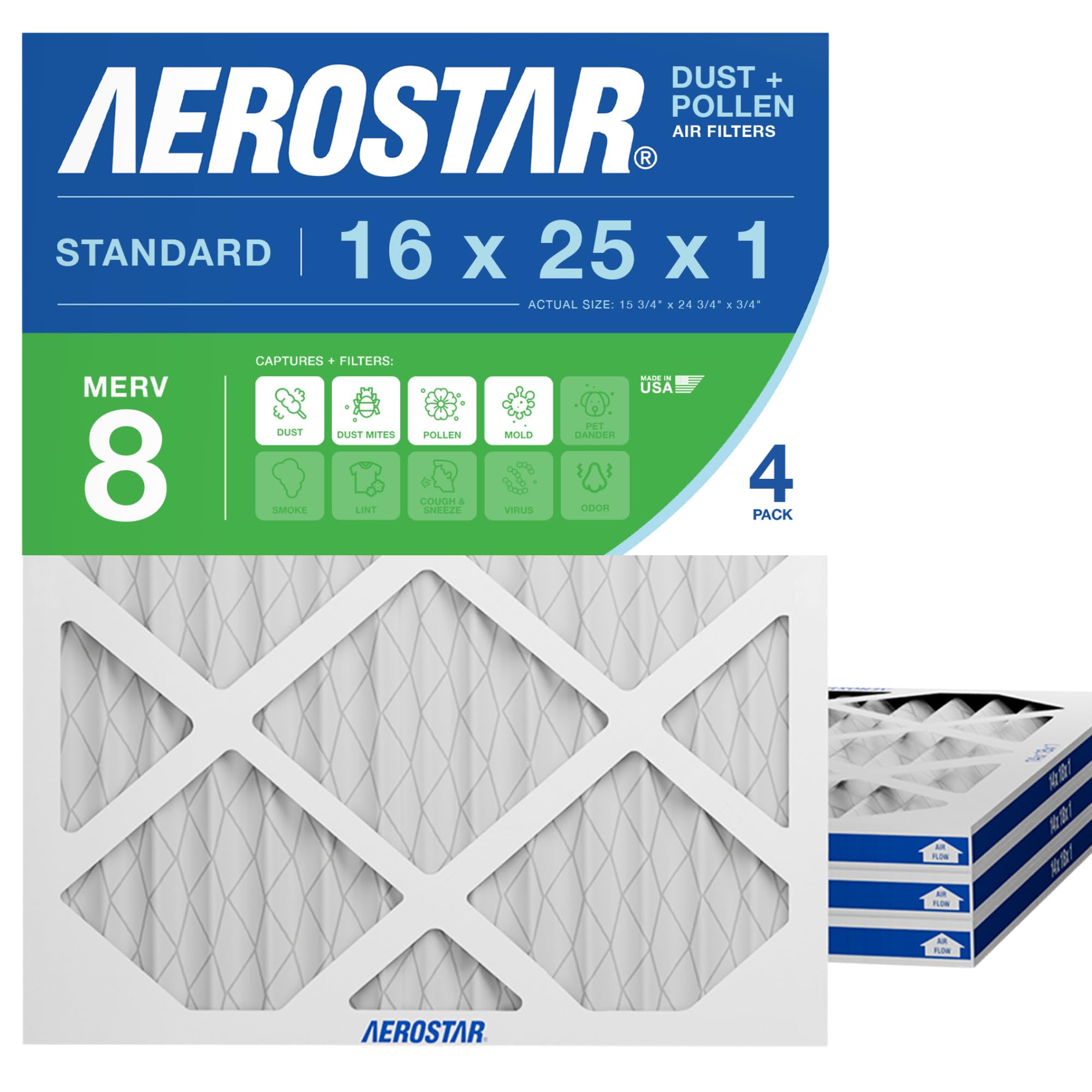 Aerostar Air Filter 16x25x1 MERV 8 AC Filter, HVAC, Furnace Filter, 4 Pack