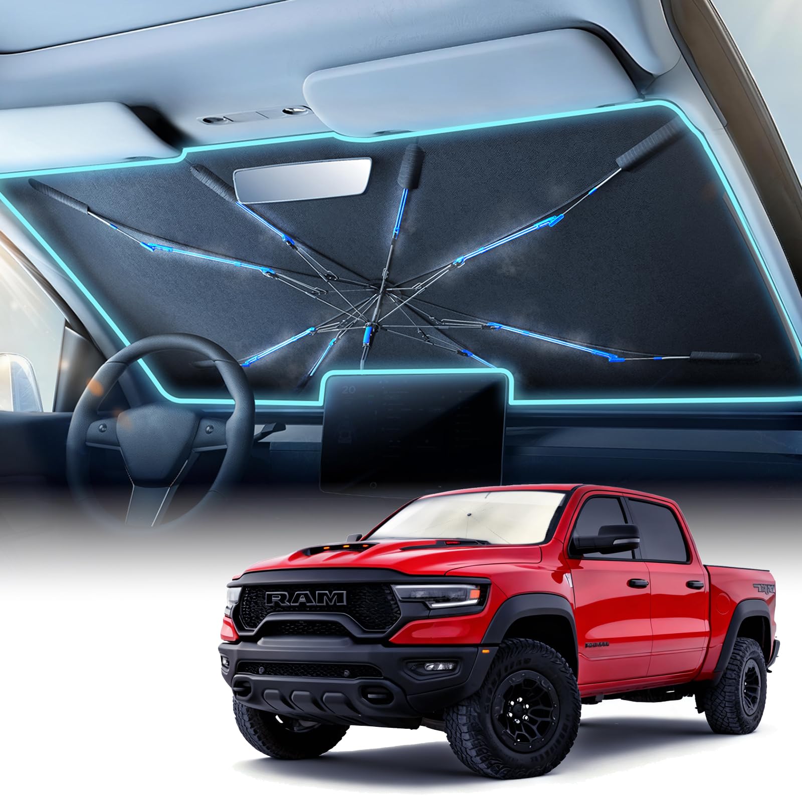 Photo 1 of [2025 Upgraded for RAM Trucks] Nmoiss Windshield Sun Shade Umbrella — Custom Large Fit for RAM 1500/2500/3500, 99% UV Blocking, Protects Truck Interior from Extreme Heat (61" × 35")