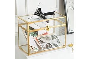 Giadun Glass Wedding Card Box with Slot, 10.2 inch Clear Card Box Gold Brass Gift Card Storage Box with Lock Perfect for Wedding Receptions, Baby Shower, Birthday Party, Bridal Shower