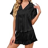 KFUBUO Silky Satin Pajamas for Women Set Short Sleeve Button Down 2 Piece Pjs Shorts Sets Soft Sleepwear Loungewear