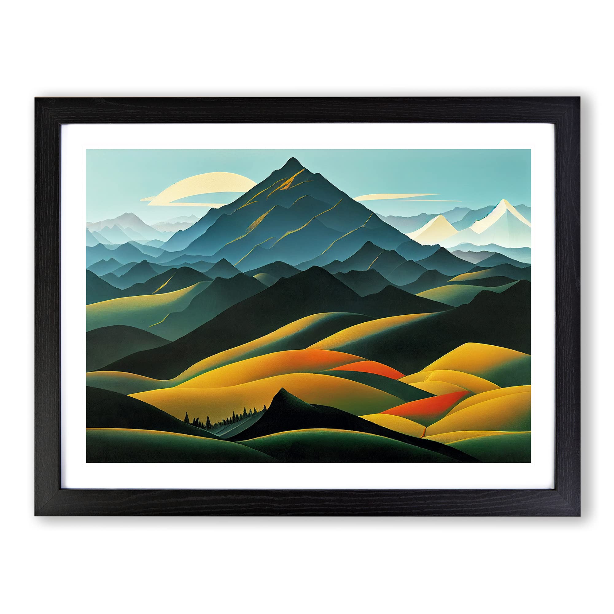 Quirky Mountain Landscape Framed Print | A4 Black Framed Wall Art | Ready to Hang | Modern Landscape Picture | Living Room Bedroom Lounge Office