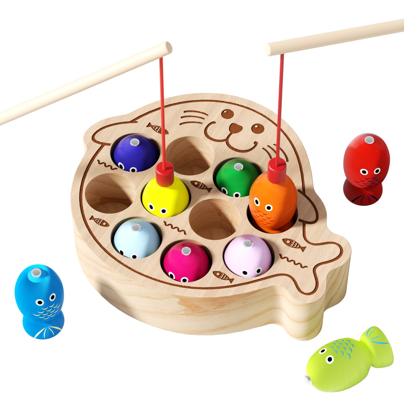 Montessori Wooden Magnetic Fishing Game for Toddlers 1-3, Fishing Color Sorting Sensory Preschool Educational Learning Fine Motor Skills Toys for 2 3 4 Years Old Boys Girls (Seal Fishing Game) — image 1
