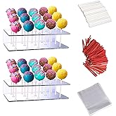 Aongch 2PCS Cake Pop Display Stand with 300 PCS Cake Pop Sticks and Wrappers Kit, 15 Hole Clear Acrylic Lollipop Holder for Weddings Birthday Parties Anniversaries Halloween Candy Red