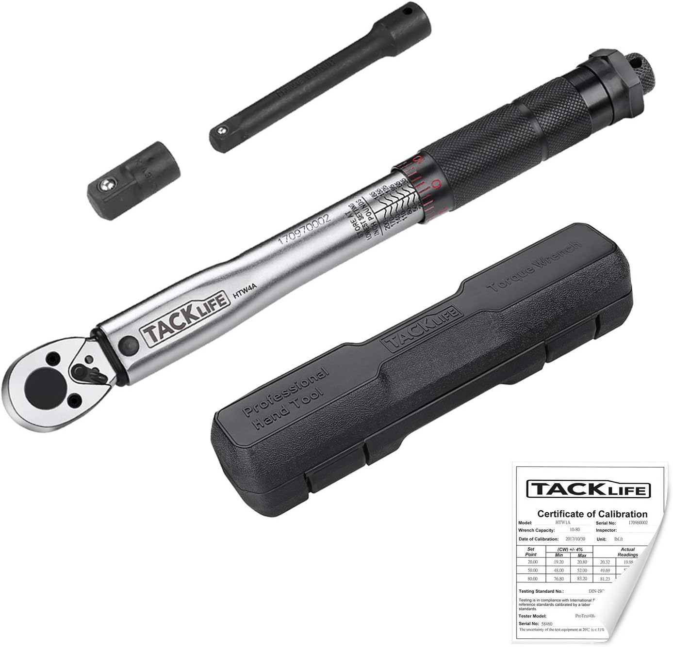 AT TA HTW4A Tacklife Torque Wrench with 1/4 Inch DIN (2.26-22.6 Nm) Length 270 mm with Certification, Adapter, Extension Bar in Case