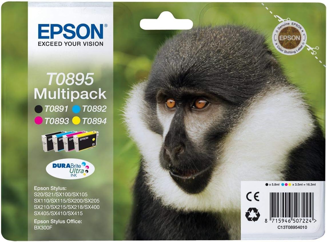Epson Original Ink T0895 Colour Y Black Pack of 4 Stylus S20,S21,SX105,SX110,SX115,SX200,SX205,SX210