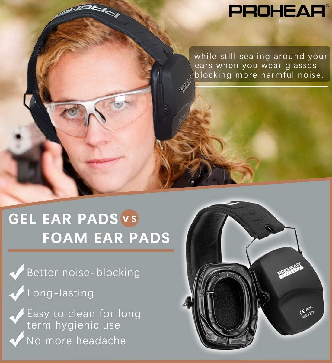 PROHEAR 016-GEP02 Shooting Ear Protection Safety Muffs with Gel Ear Seals, NRR 26dB Noise Reduction Slim Low Profile Passive Earmuffs, Folding Hearing Protector for Airsoft, Hunting (Black): Home Improvement