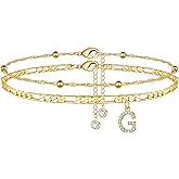 Ursteel Ankle Bracelets for Women, 14K Gold Plated Dainty Layered Chain CZ Initial Anklets Summer Jewelry Gifts for Women
