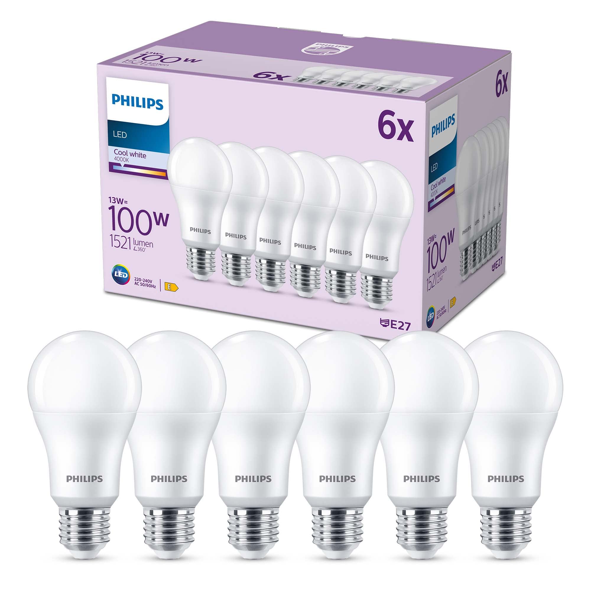 PHILIPS LED Frosted A67 Light Bulb 6 Pack [Cool White 4000K - E27 Edison Screw] 100W, Non Dimmable. for Home Indoor Lighting, Value Range