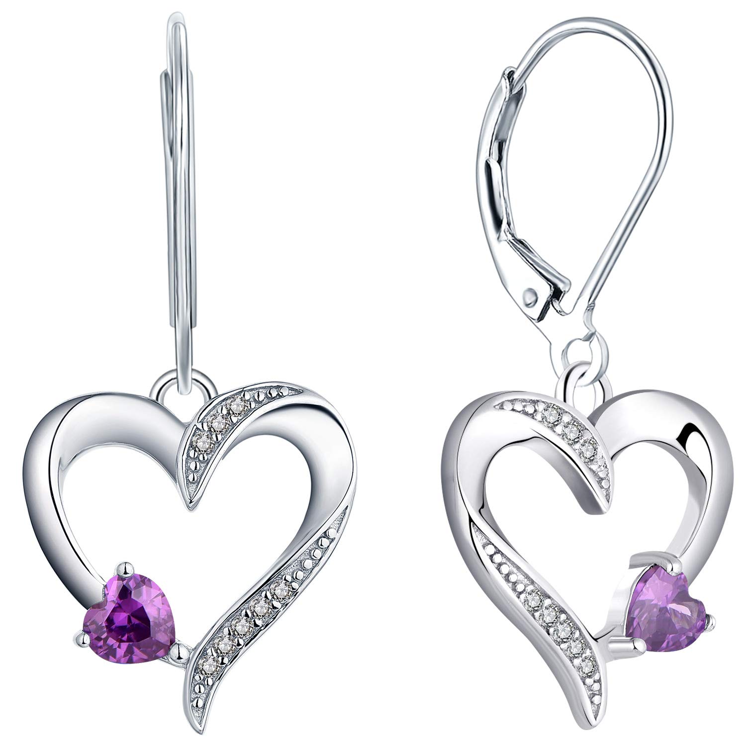 YL Heart Earrings 925 Sterling Silver Love Heart Drop Earrings Amethyst Dangle Earrings Jewelry for Women