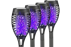 Liveasily 4 Pack Solar Torch Light with Flickering Flame, Outdoor Waterproof Solar Halloween Lights Decorations, Solar Torches Landscape Path Lights for Halloween Decor (Purple)