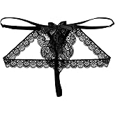 ABAFIP Men's Lace Thongs Frilly Trim Low Waist Bowknot T-back G-string Panties Crossdressing Underpants